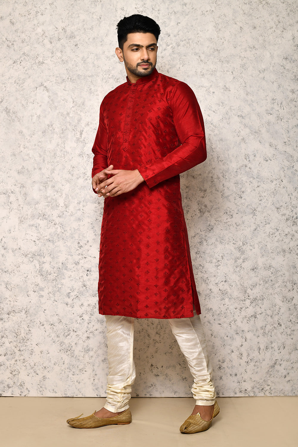 Red Colour Art Silk Fabric Thread Work Kurta Pajama