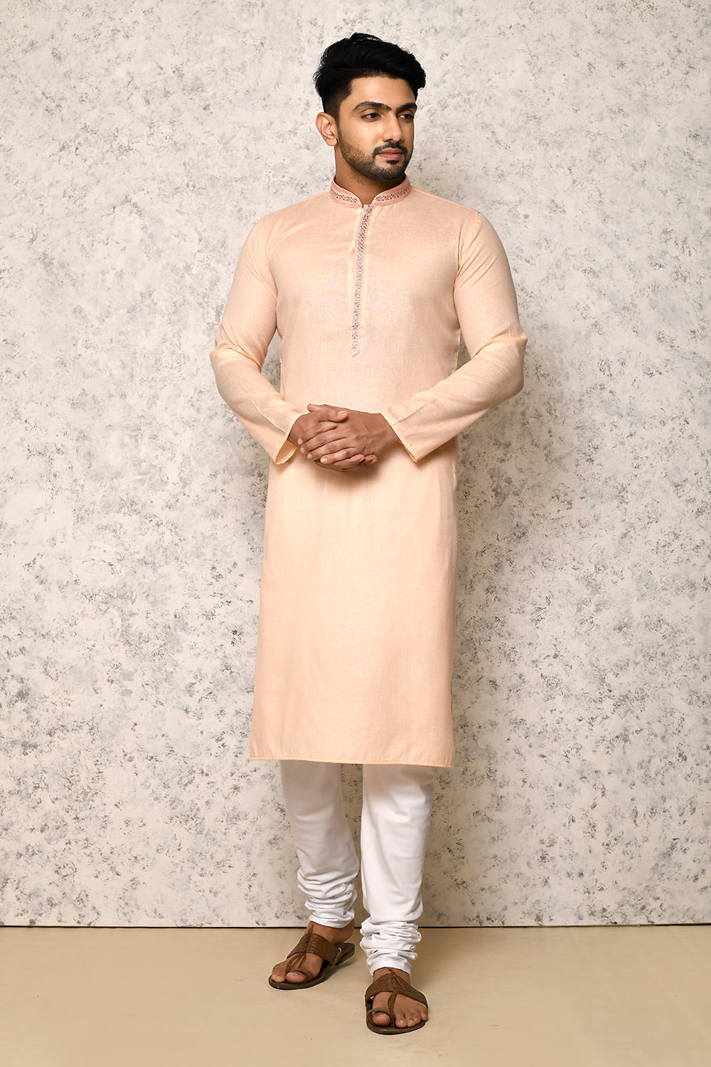Biscuit Colour cotton Fabric Machine Embroidery Kurta Pajama