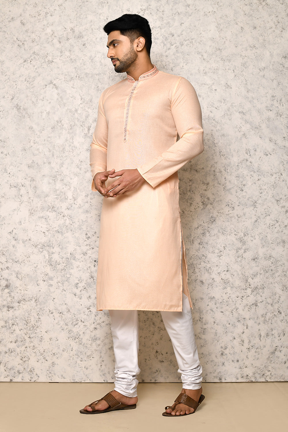 Biscuit Colour cotton Fabric Machine Embroidery Kurta Pajama