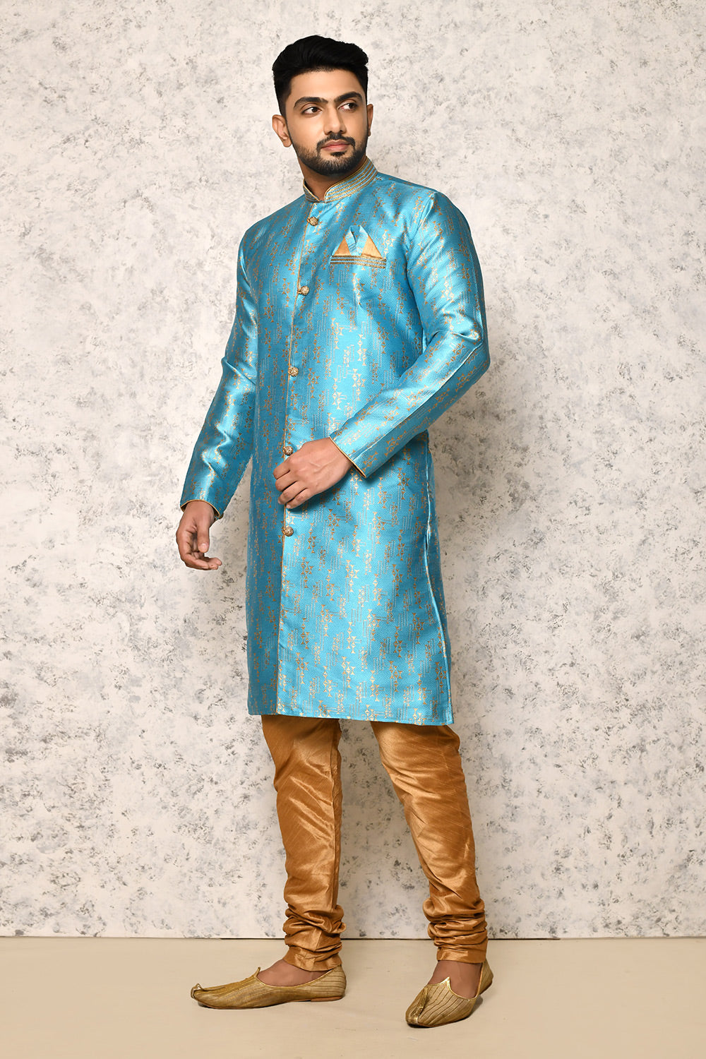Firoza Colour Jacquard Fabric With Thread Work Indowestern