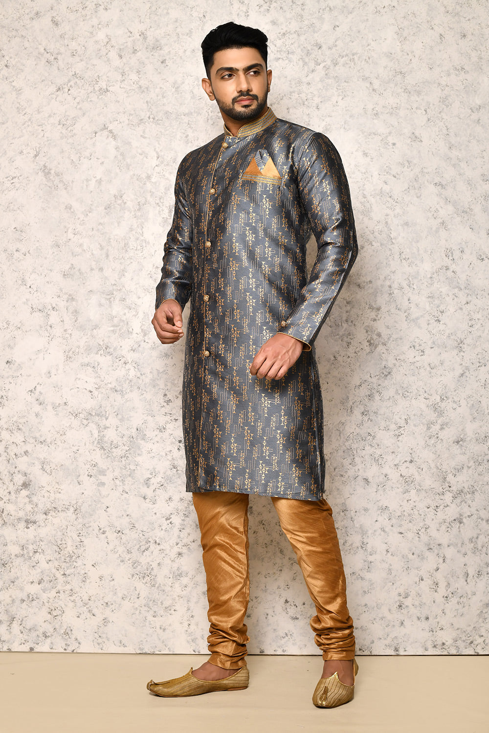 Grey Colour Jacquard Fabric With Thread Work Indowestern