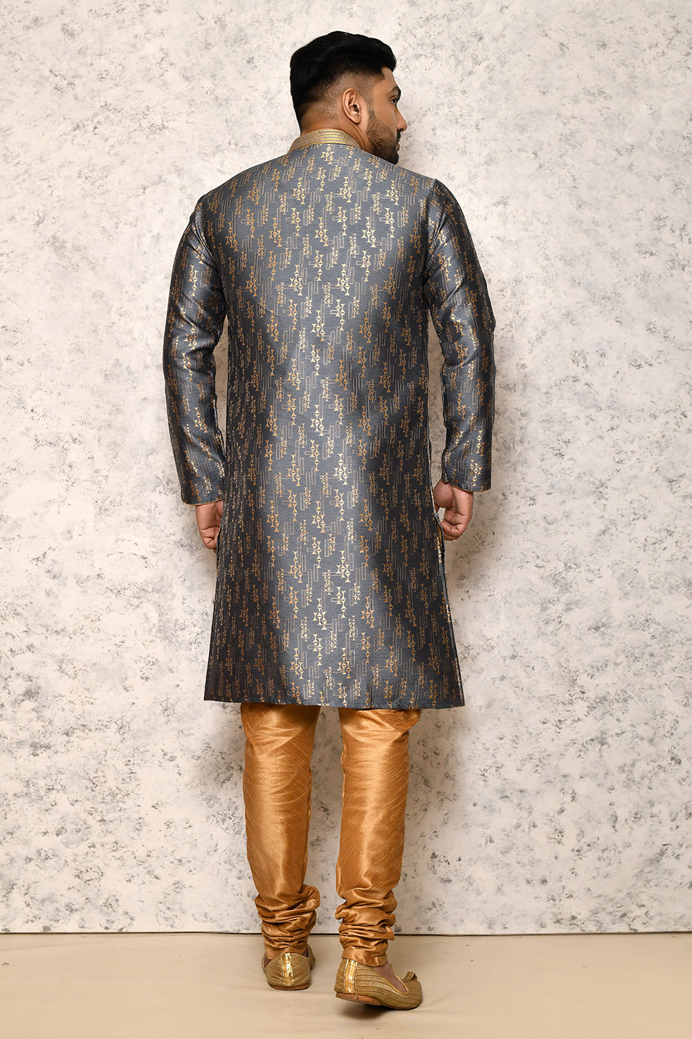 Grey Colour Jacquard Fabric With Thread Work Indowestern