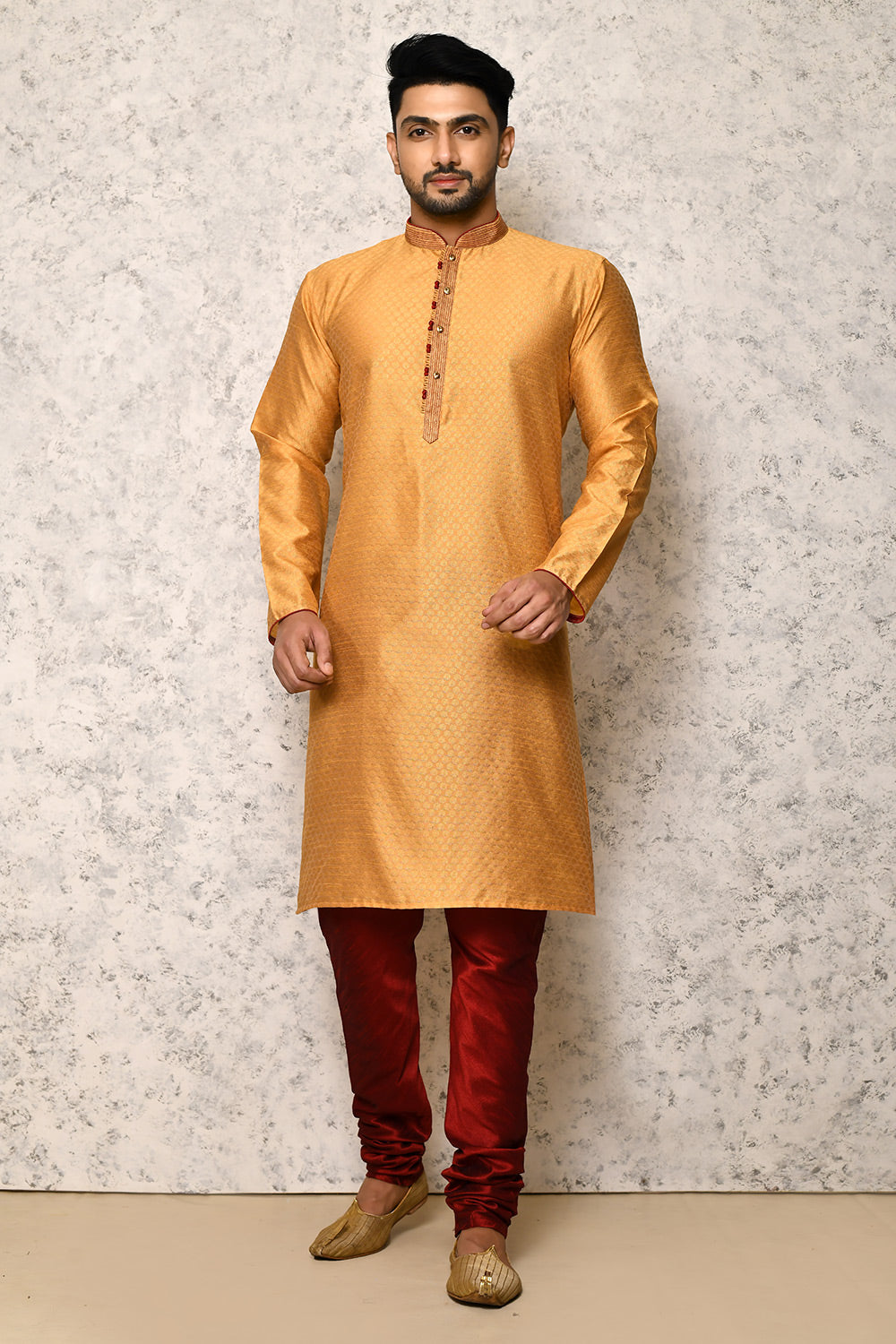Golden Colour Art Silk Fabric Thread Work Kurta Pajama
