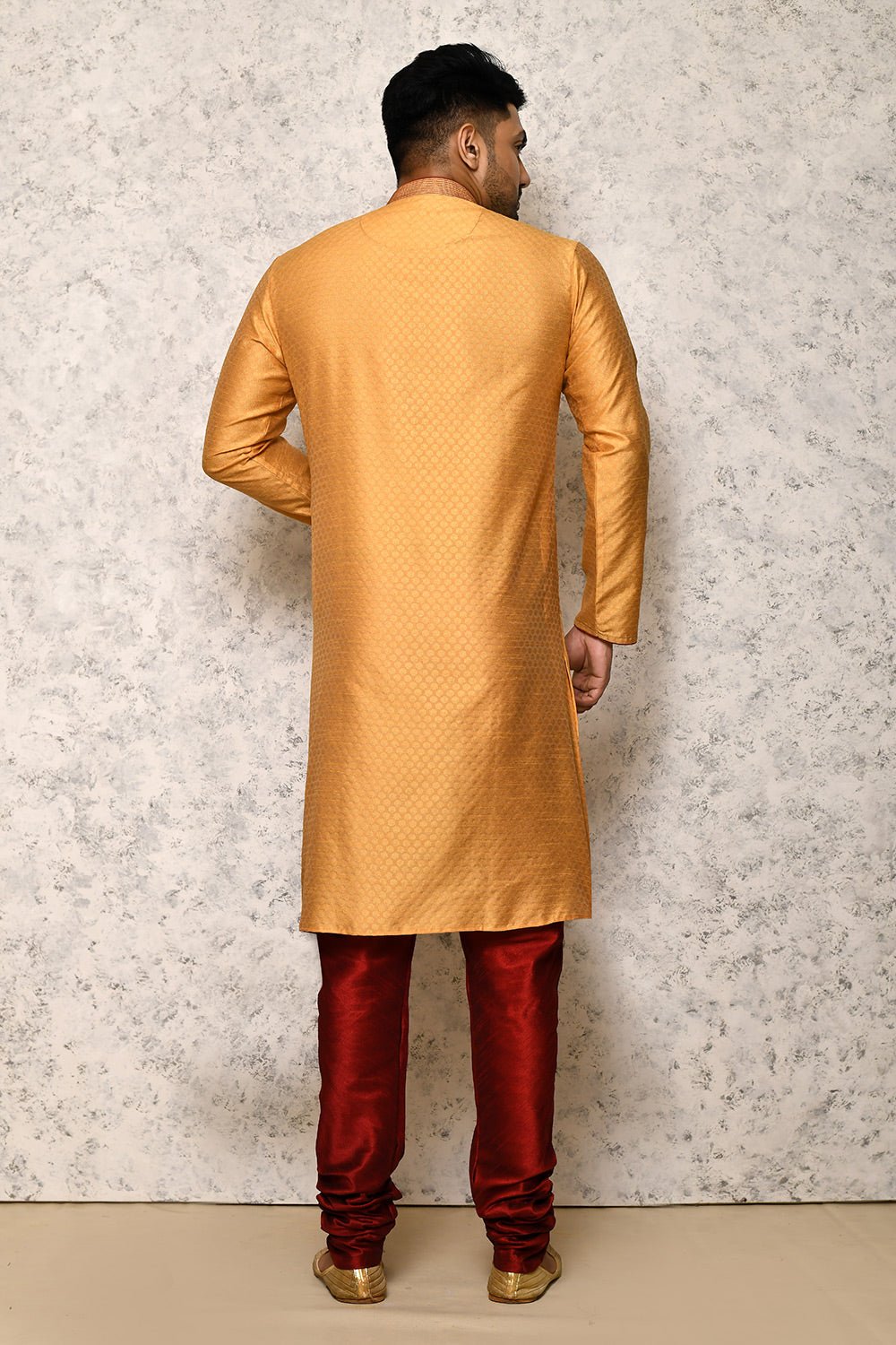Golden Colour Art Silk Fabric Thread Work Kurta Pajama