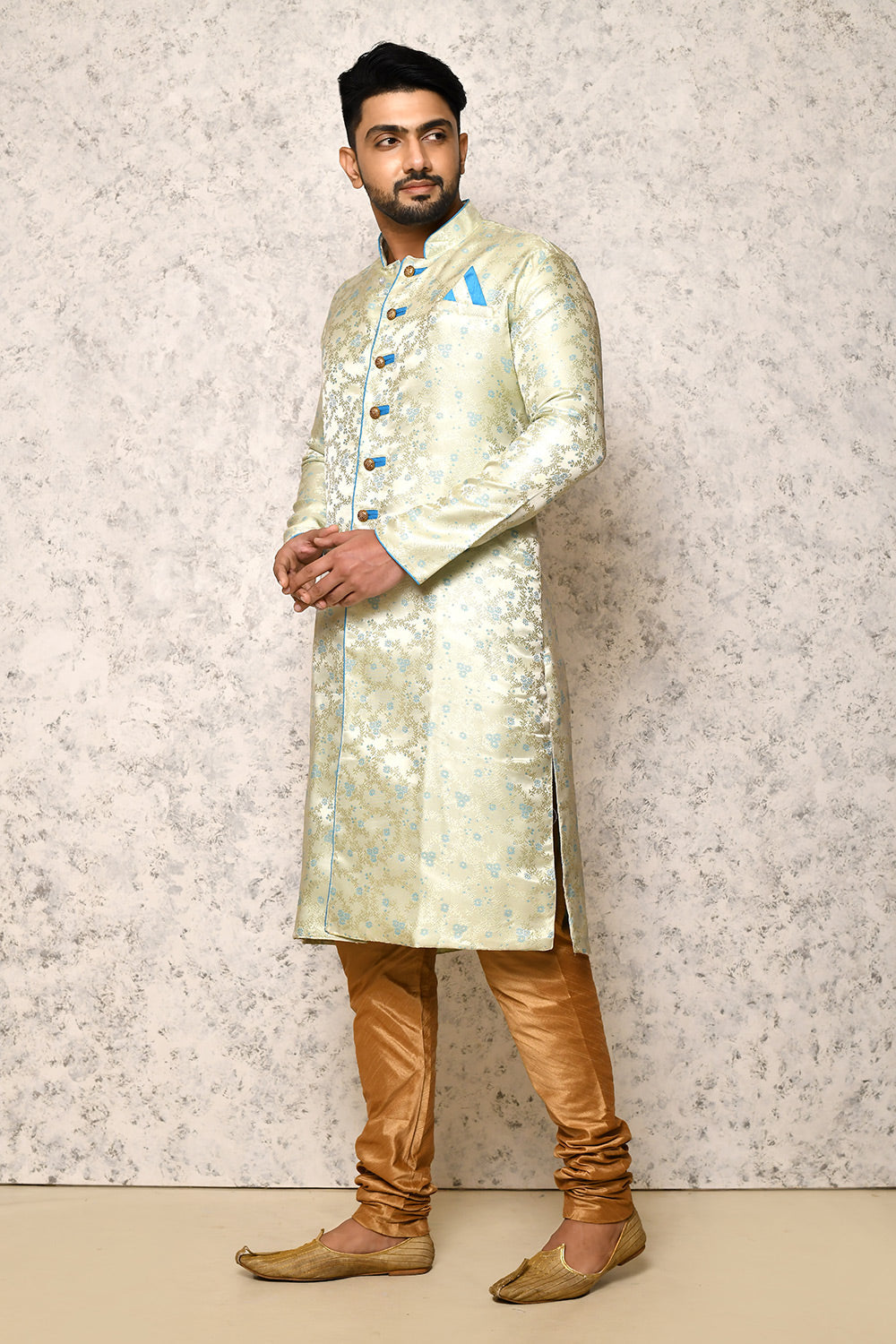 Firoza Colour Silk Fabric With Pattern Work Indowestern