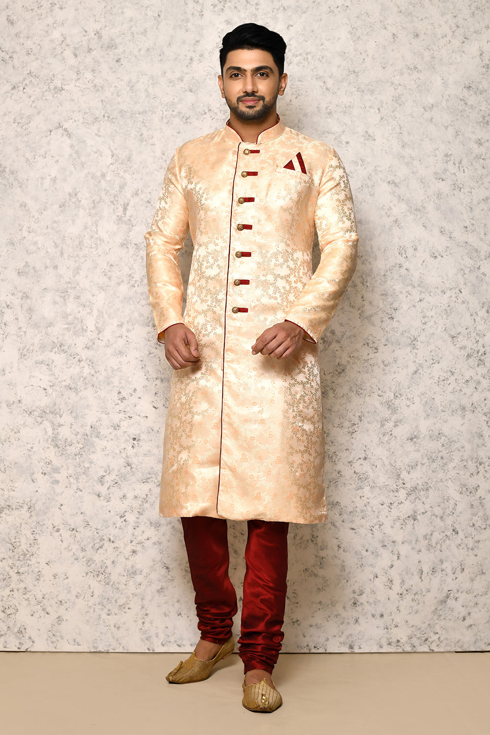Maroon Colour Silk Fabric With Pattern Work Indowestern