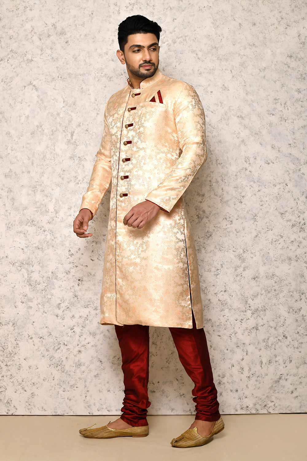 Maroon Colour Silk Fabric With Pattern Work Indowestern