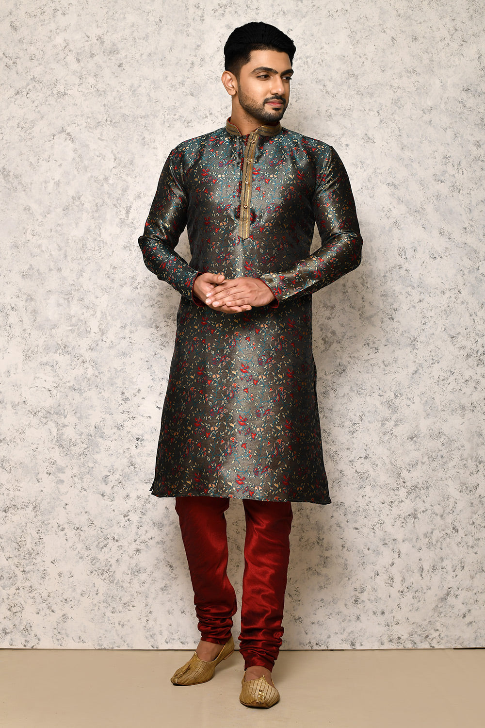 Rama Green Colour Art Silk Fabric Thread Work Kurta Pajama