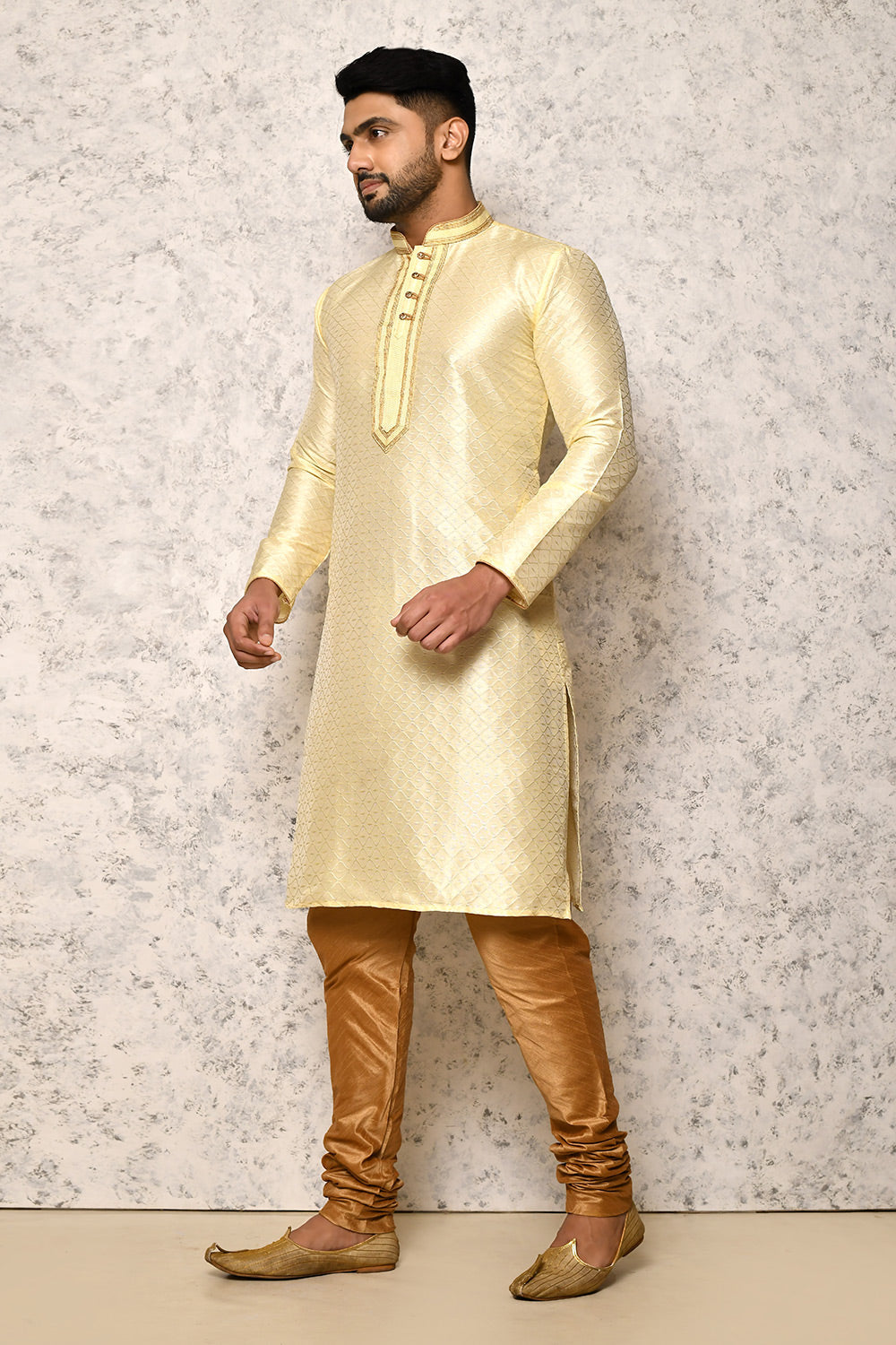Cream Colour Art Silk Fabric Thread Work Kurta Pajama