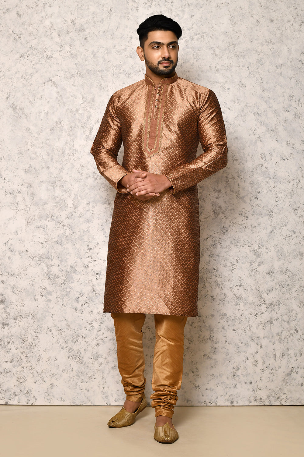 Copper Colour Art Silk Fabric Thread Work Kurta Pajama
