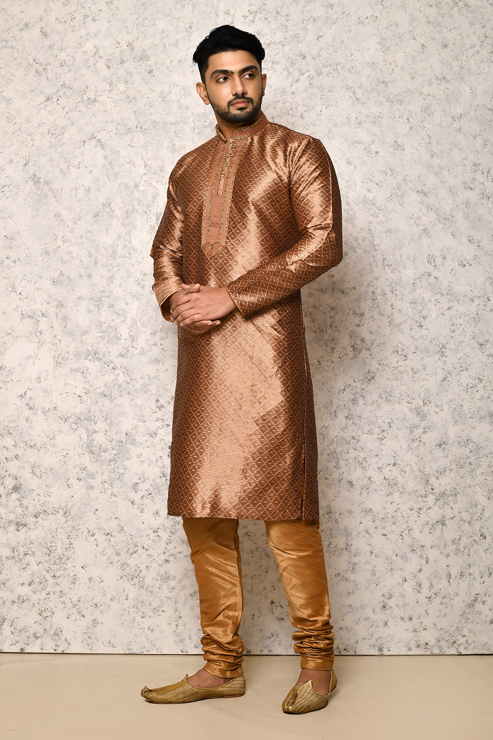 Copper Colour Art Silk Fabric Thread Work Kurta Pajama