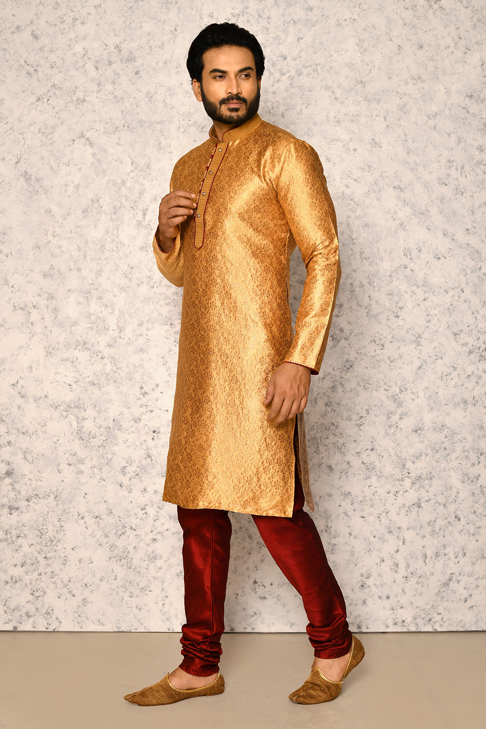 Gold Colour Art Silk Fabric Thread Work Kurta Pajama