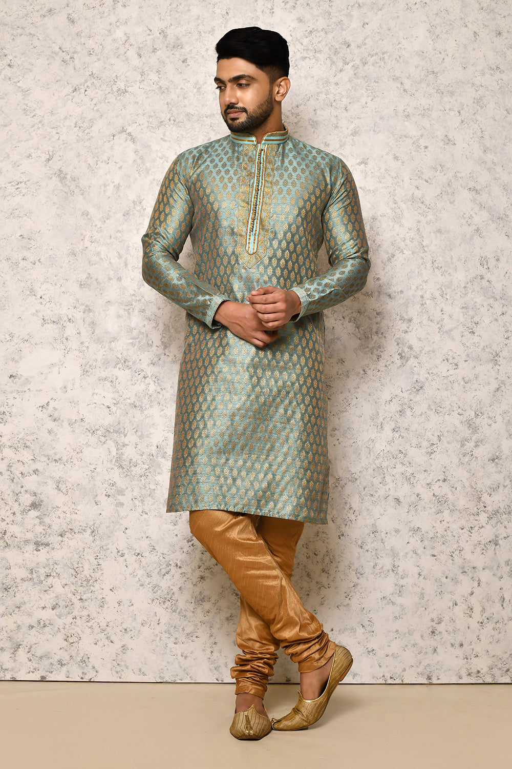 Firoza Colour Jacquard Fabric Thread Work Kurta Pajama