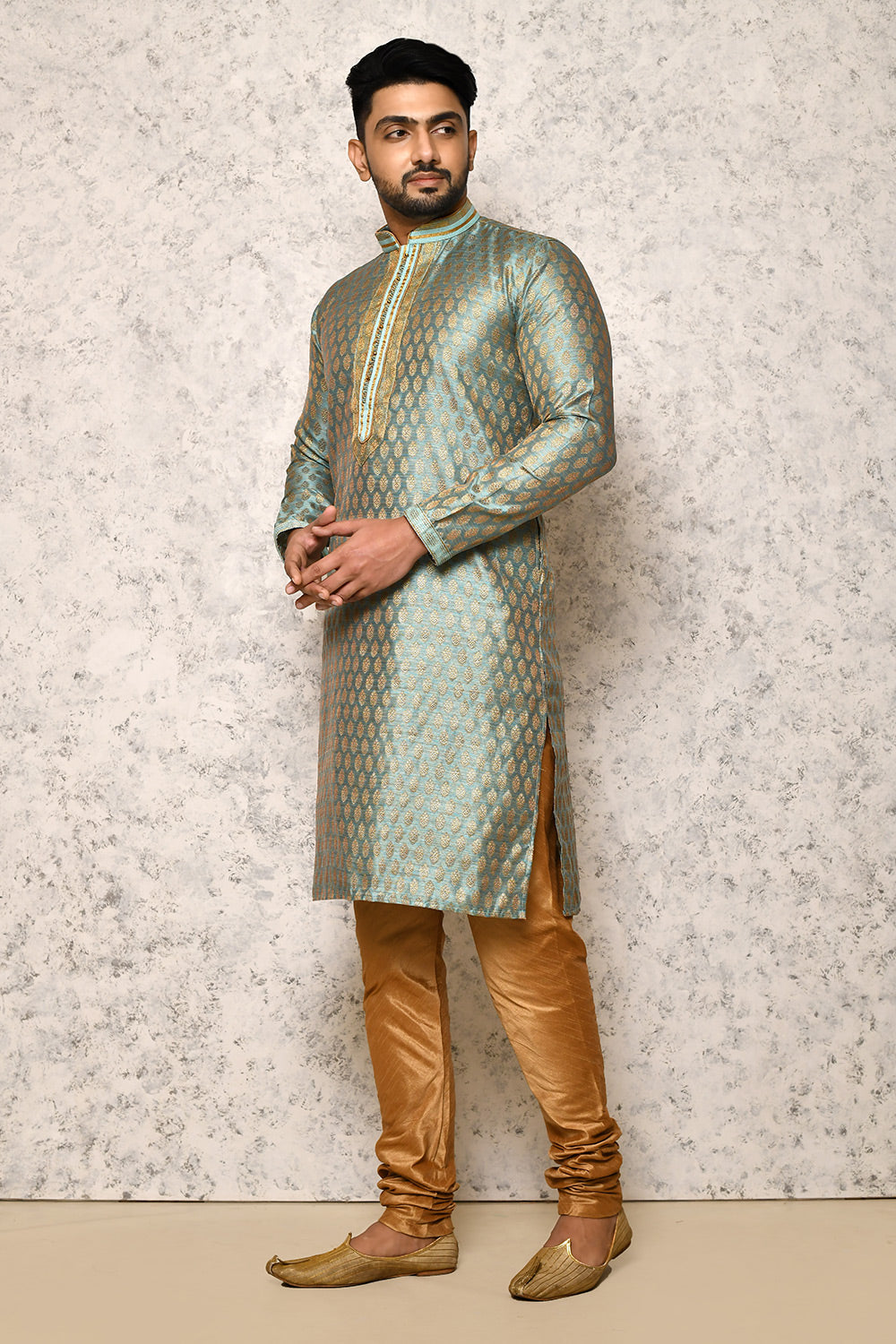 Firoza Colour Jacquard Fabric Thread Work Kurta Pajama