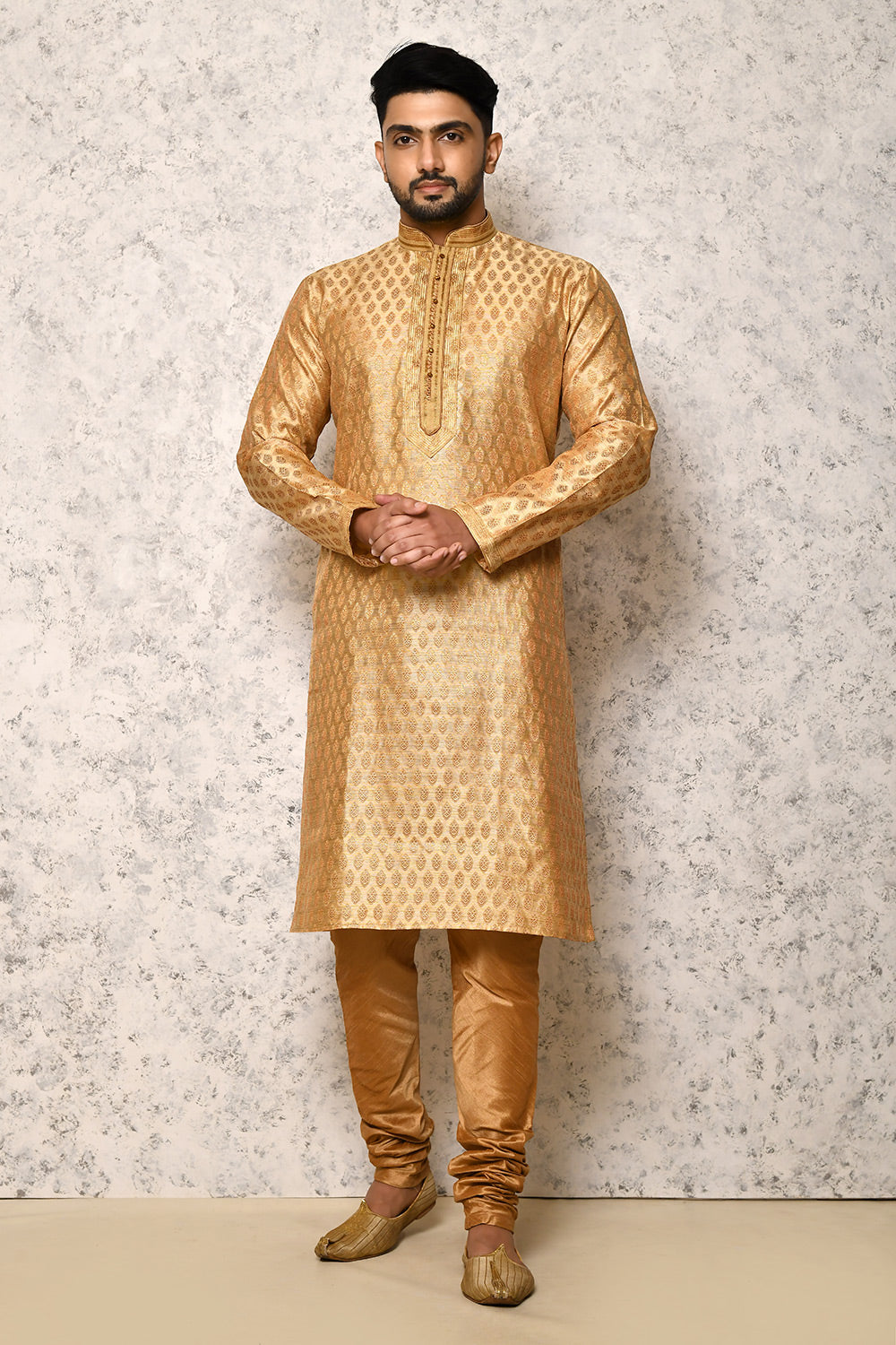 Gold Colour Jacquard Fabric Thread Work Kurta Pajama