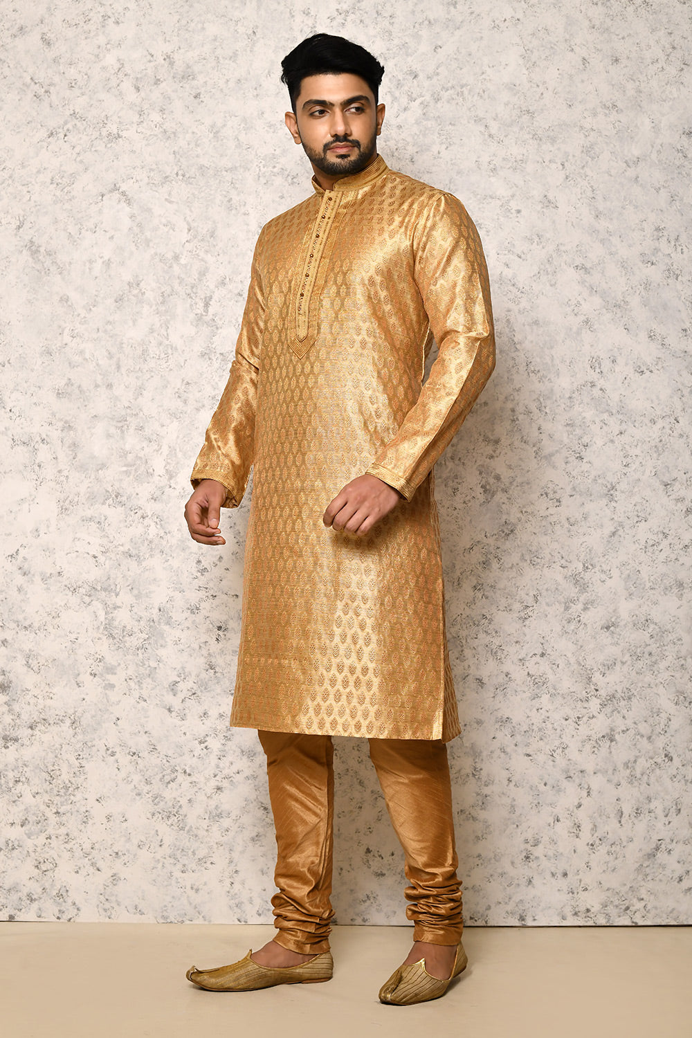 Gold Colour Jacquard Fabric Thread Work Kurta Pajama