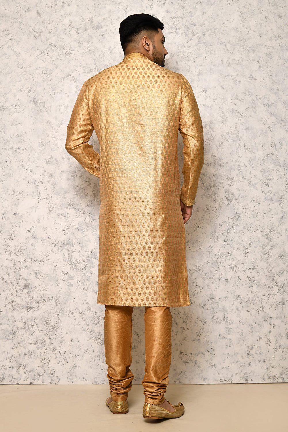 Gold Colour Jacquard Fabric Thread Work Kurta Pajama