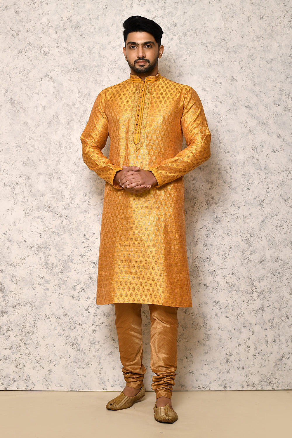 Yellow Colour Jacquard Fabric Thread Work Kurta Pajama