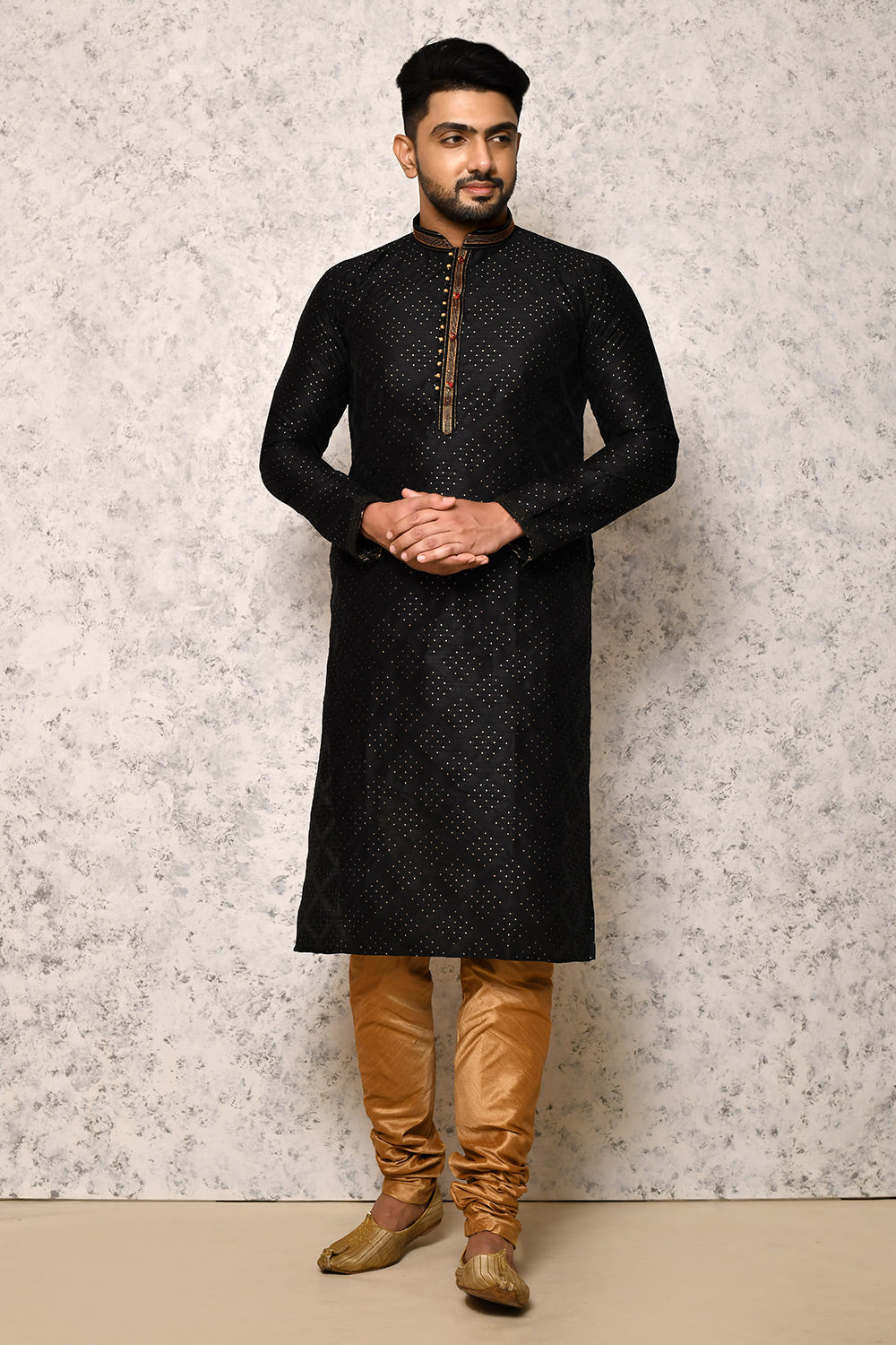 Black Colour Art Silk Fabric Thread Work Kurta Pajama