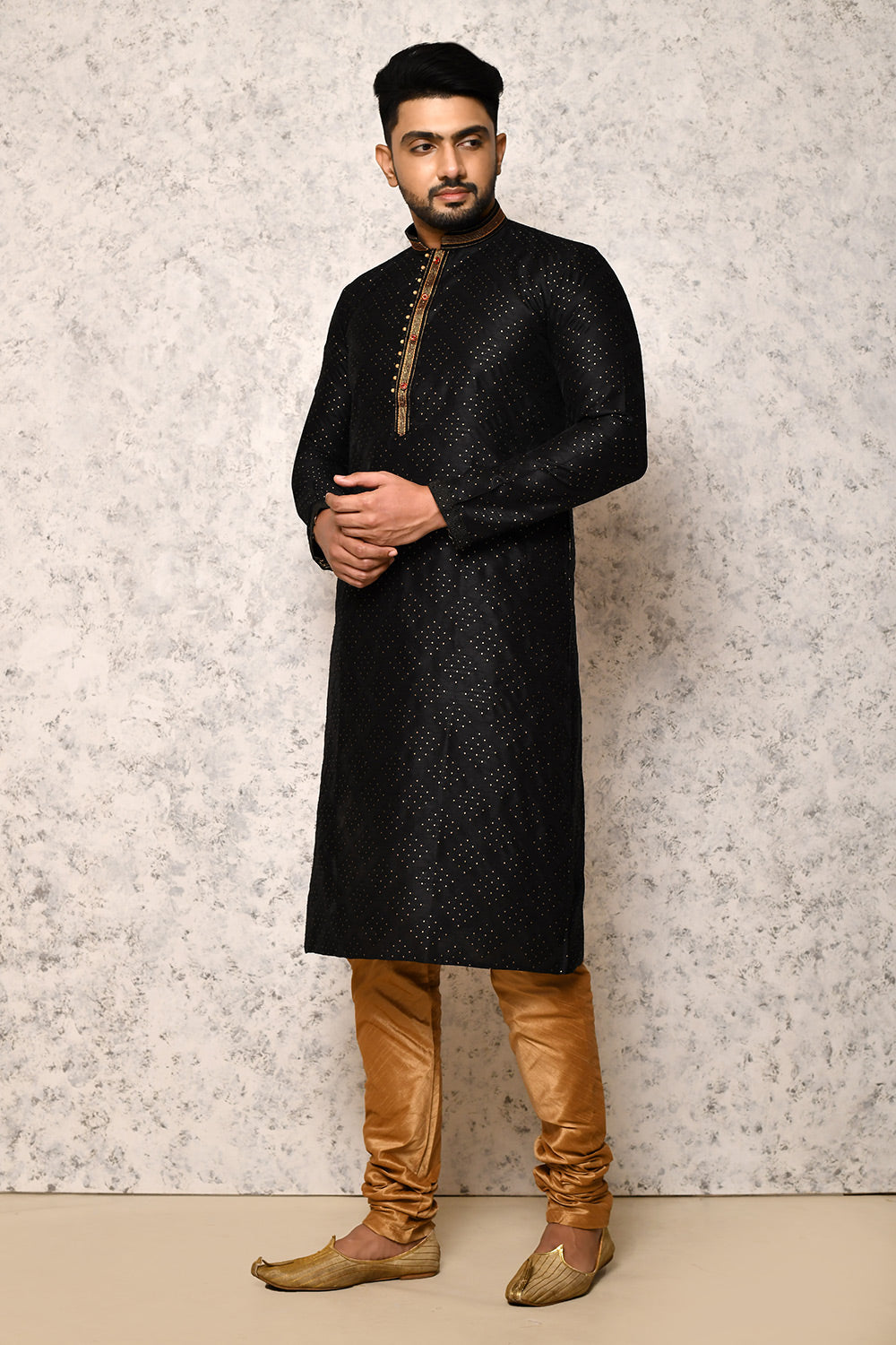 Black Colour Art Silk Fabric Thread Work Kurta Pajama