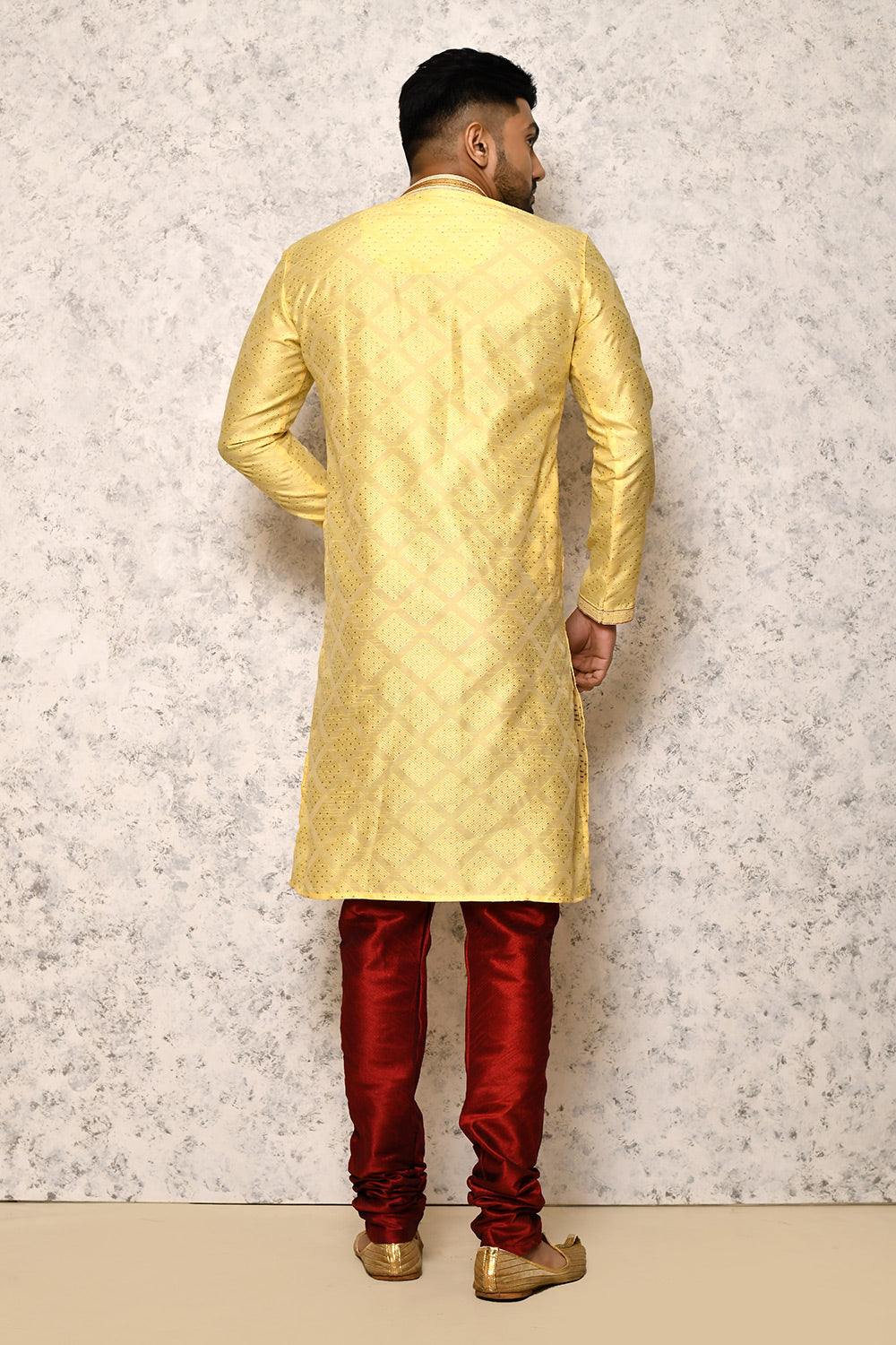Lemon Colour Art Silk Fabric Thread Work Kurta Pajama