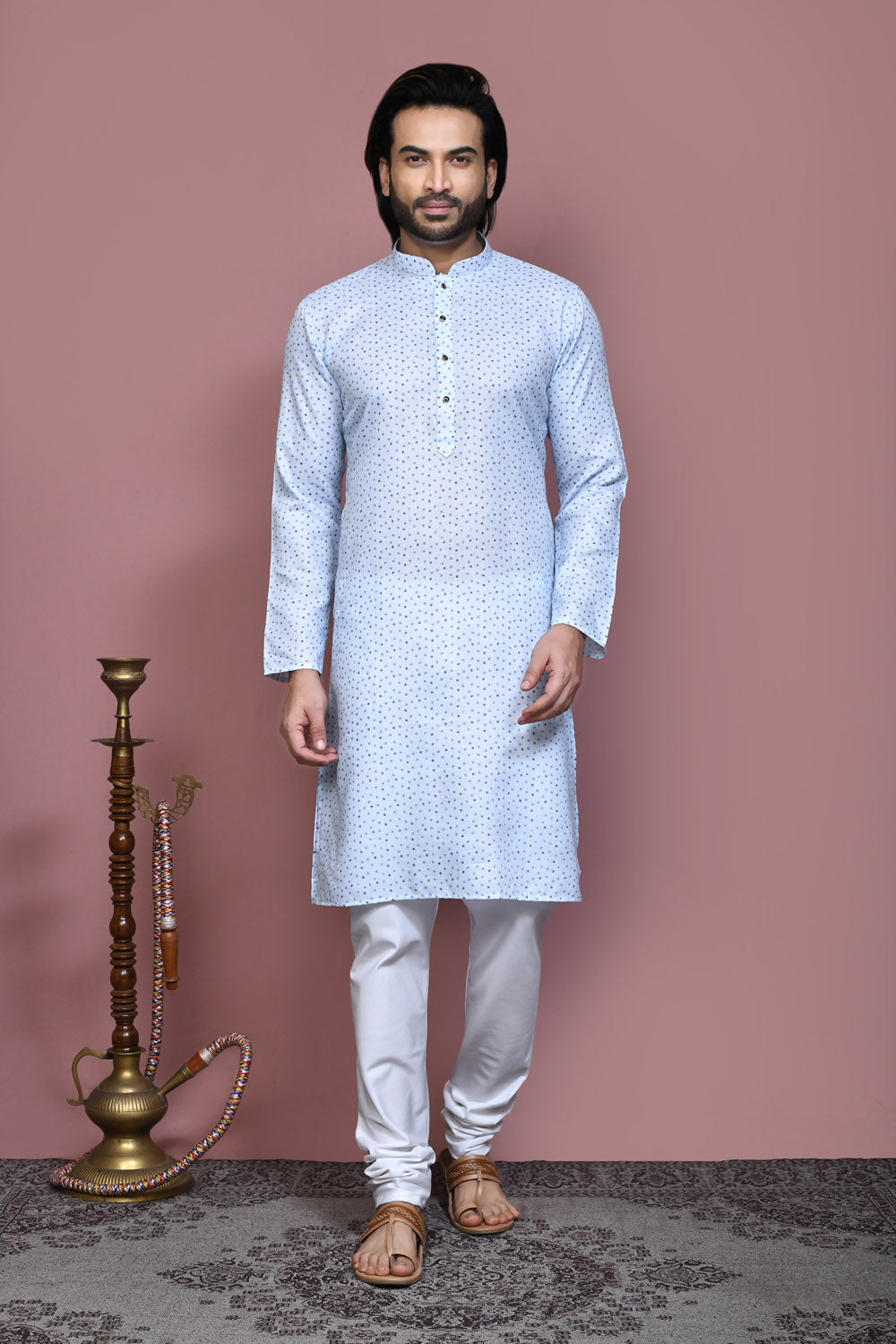 Sky Blue Colour Cotton Fabric Printed Kurta Pajama