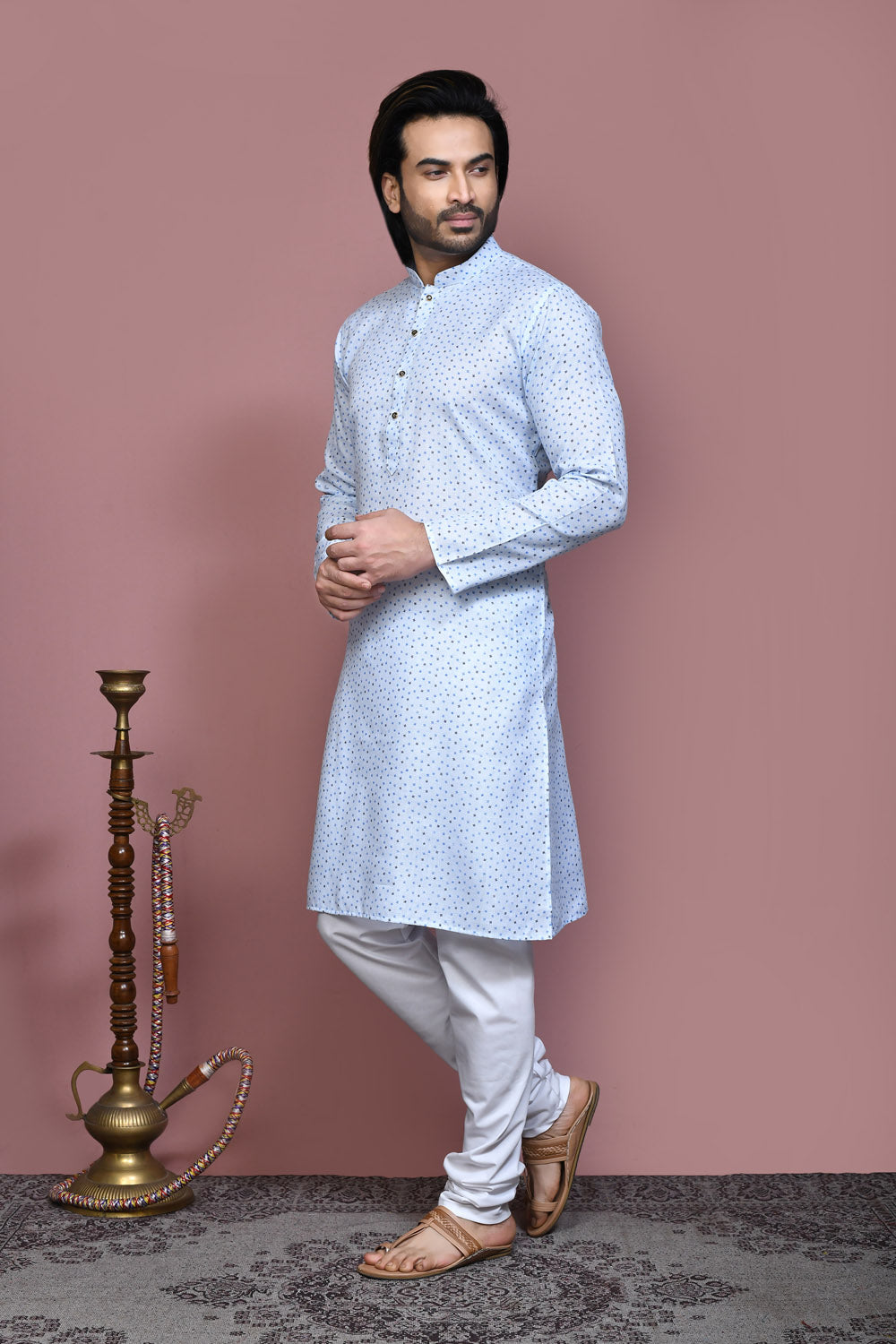 Sky Blue Colour Cotton Fabric Printed Kurta Pajama