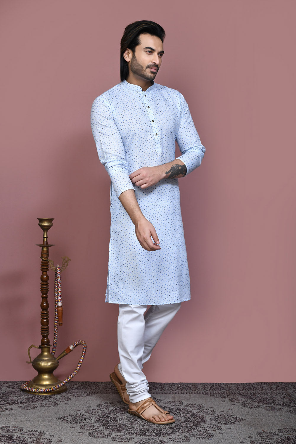 Sky Blue Colour Cotton Fabric Printed Kurta Pajama