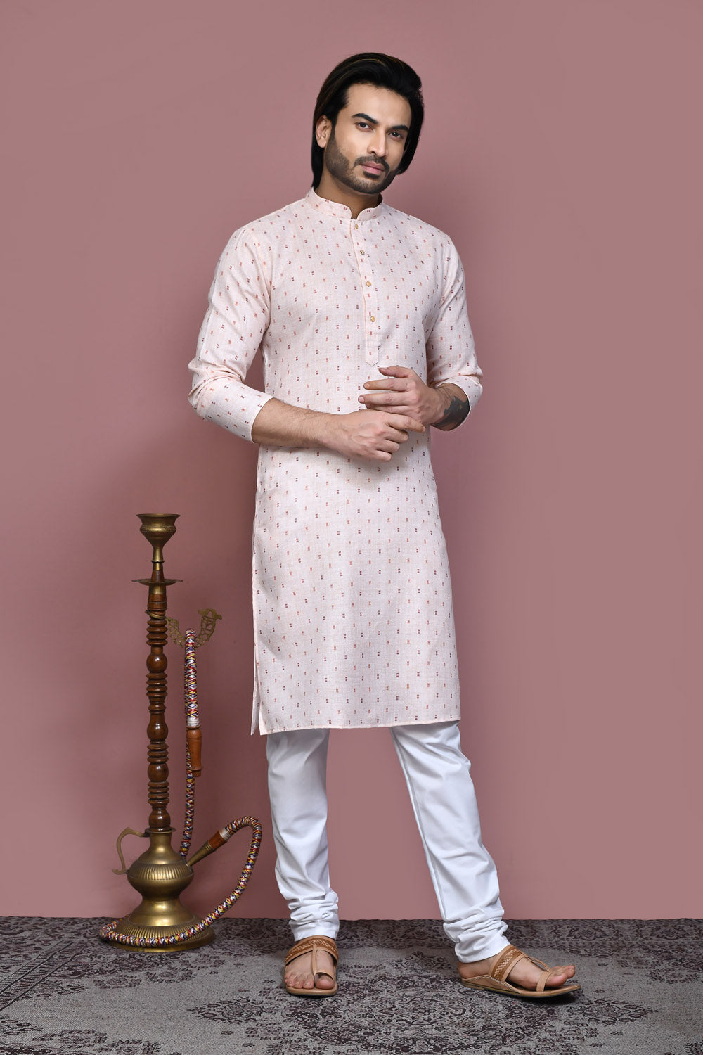 Beige Colour Cotton Fabric Printed Kurta Pajama