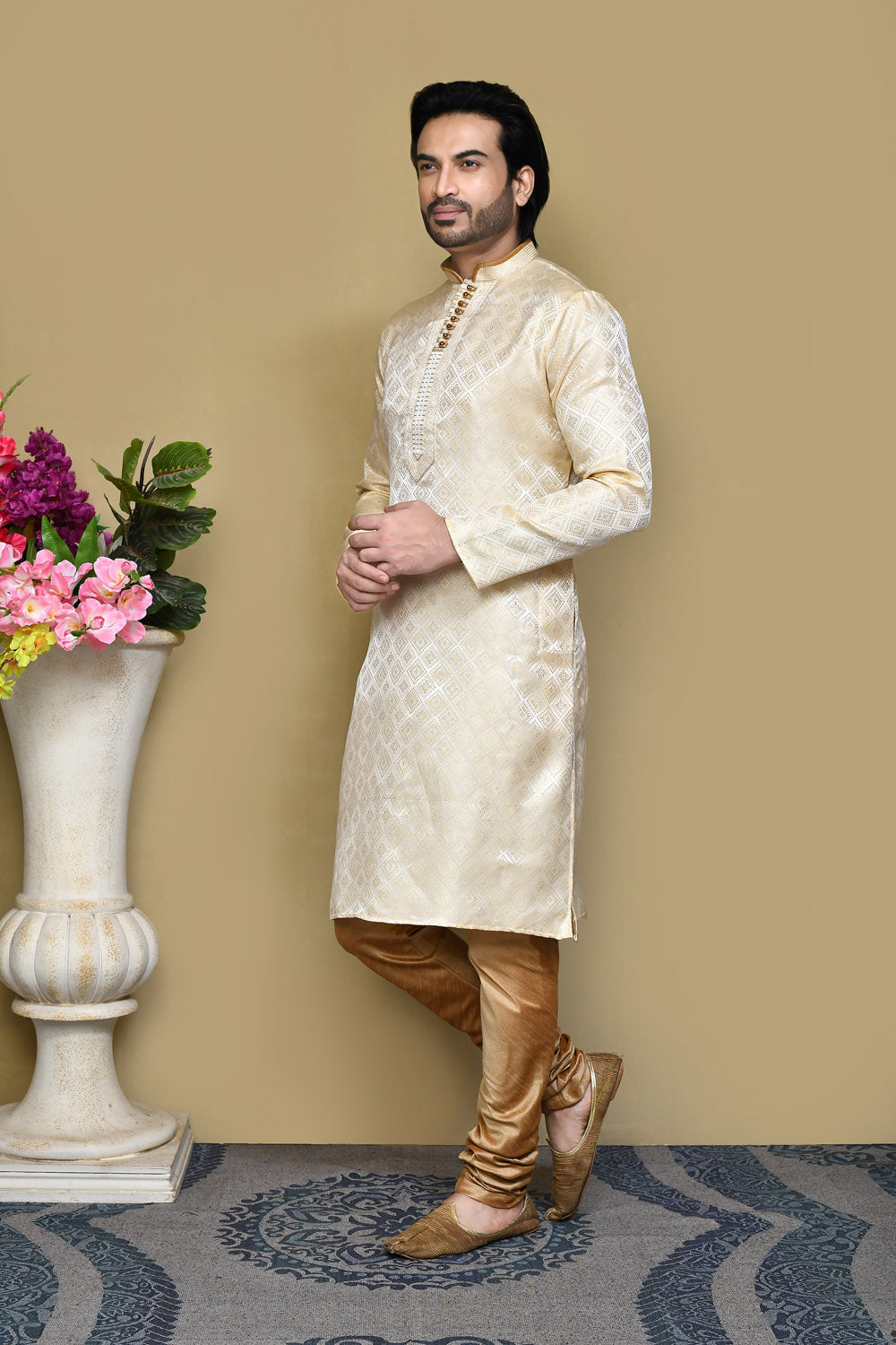 Biscute Colour Art Silk Fabric Resham Woven Kurta Pajama