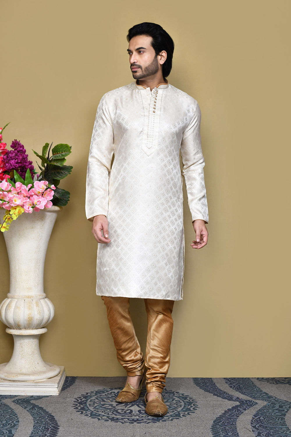 Cream Colour Art Silk Fabric Resham Woven Kurta Pajama