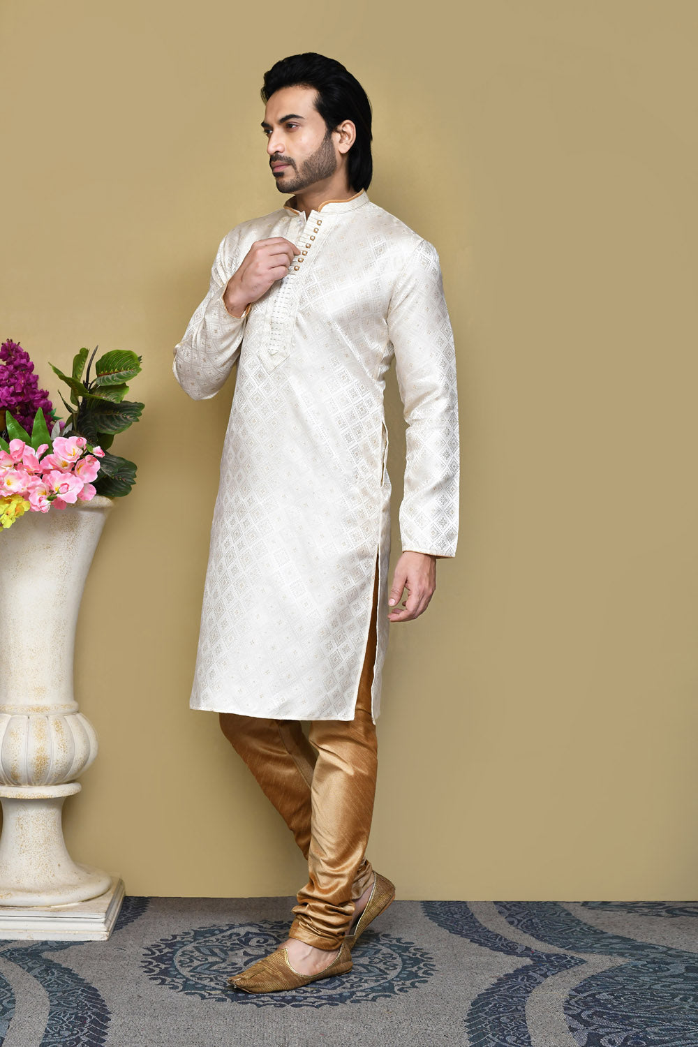 Cream Colour Art Silk Fabric Resham Woven Kurta Pajama