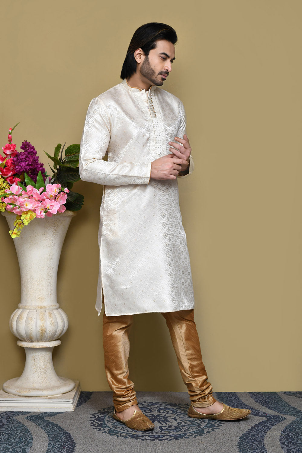 Cream Colour Art Silk Fabric Resham Woven Kurta Pajama