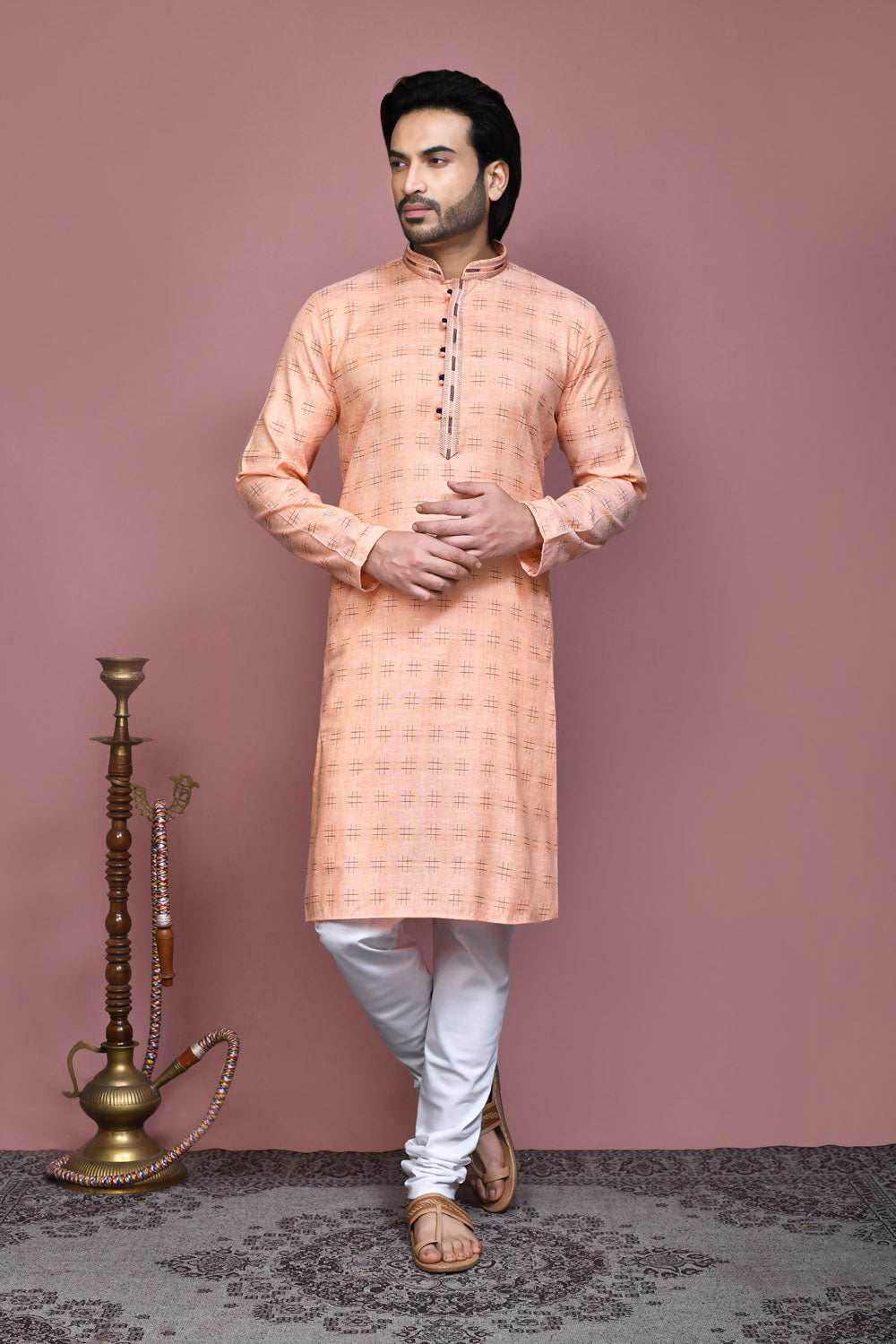 Orange Colour Cotton Fabric Printed Kurta Pajama