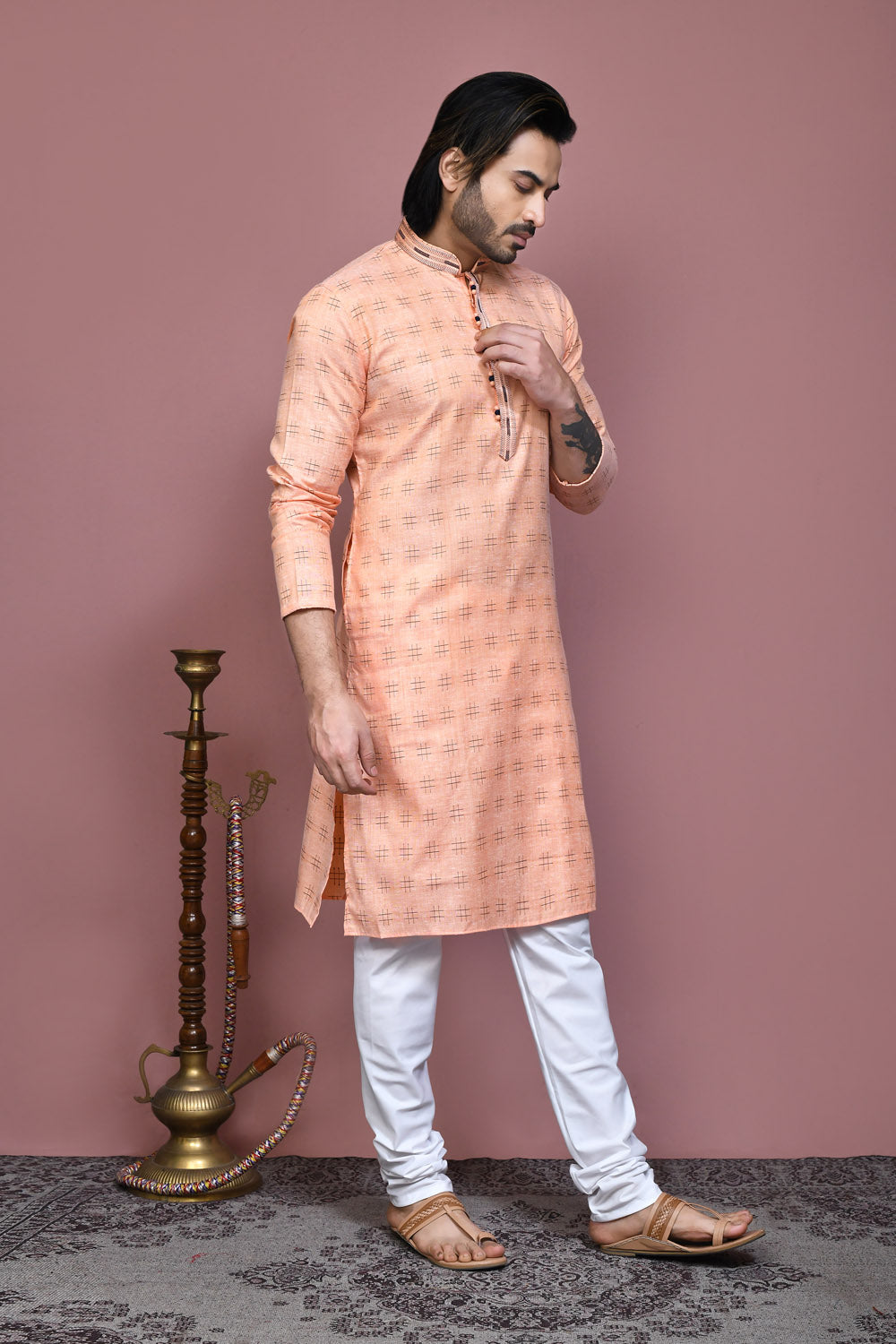 Orange Colour Cotton Fabric Printed Kurta Pajama