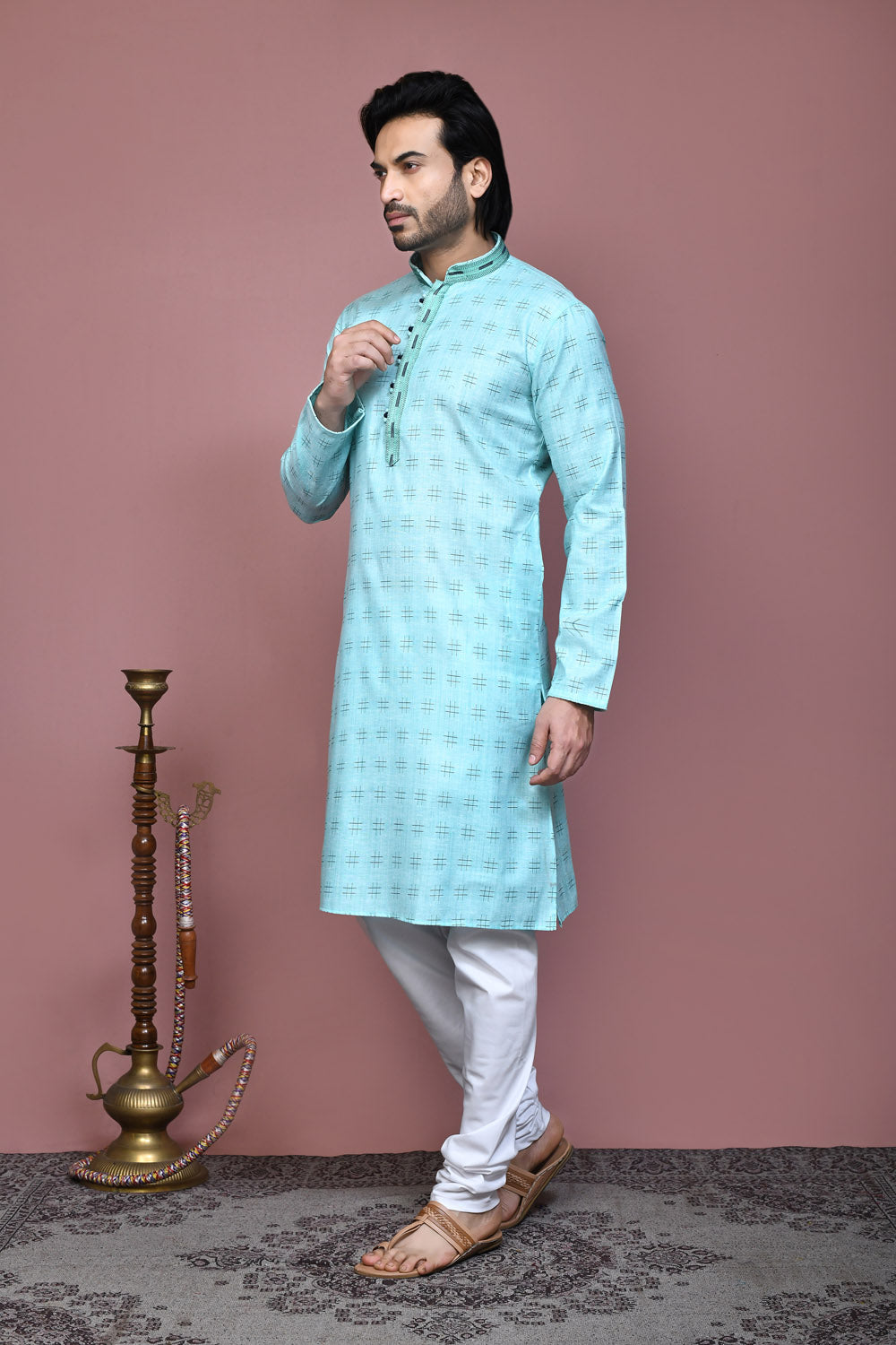 Sky Blue Colour Cotton Fabric Printed Kurta Pajama