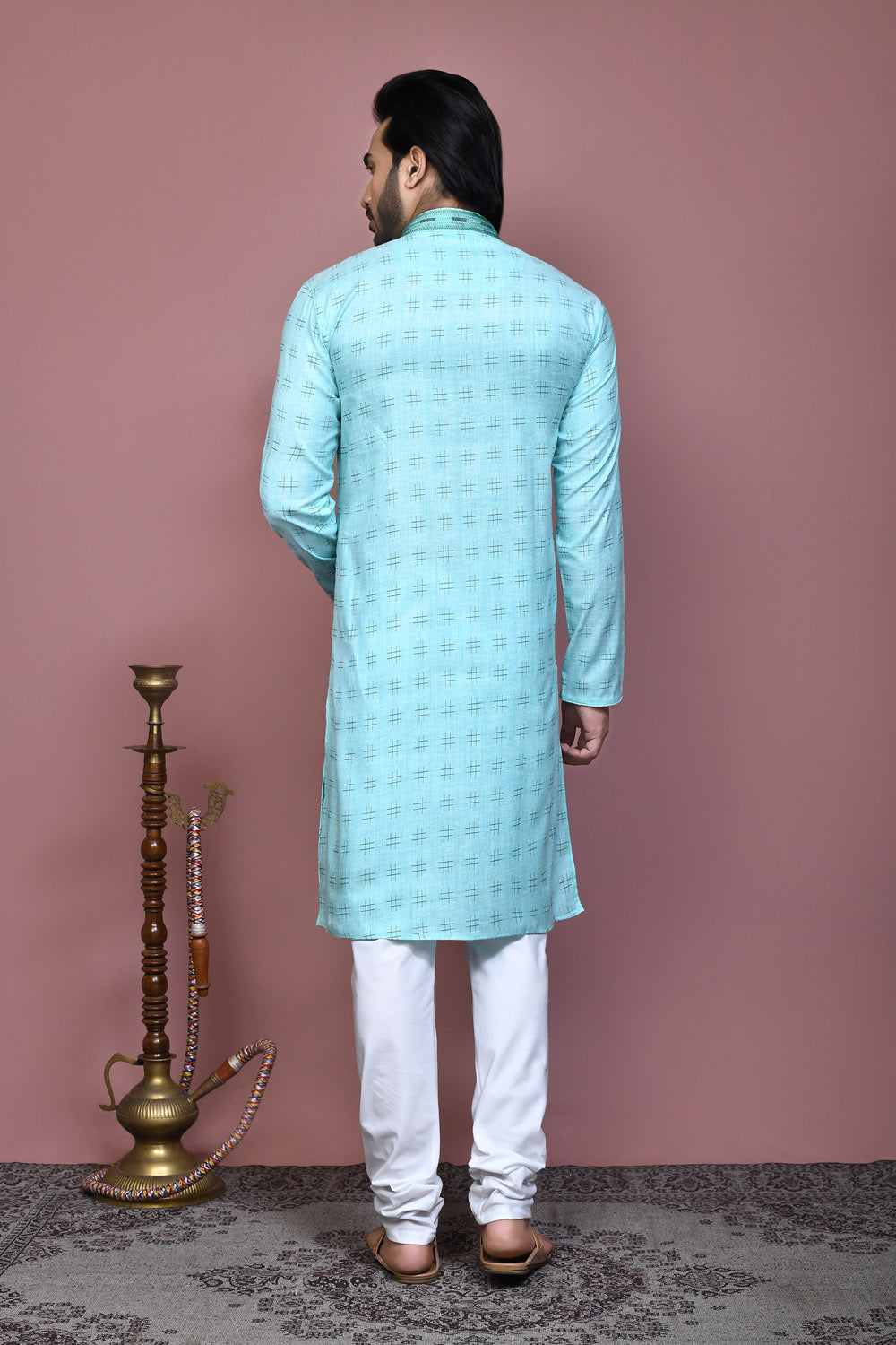 Sky Blue Colour Cotton Fabric Printed Kurta Pajama