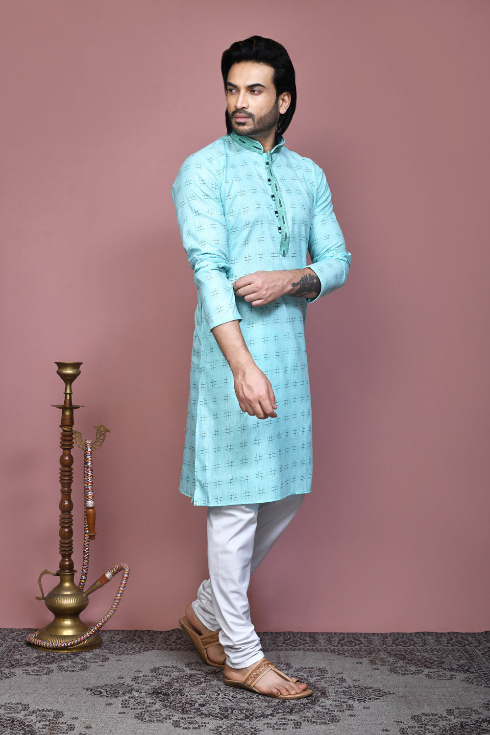 Sky Blue Colour Cotton Fabric Printed Kurta Pajama