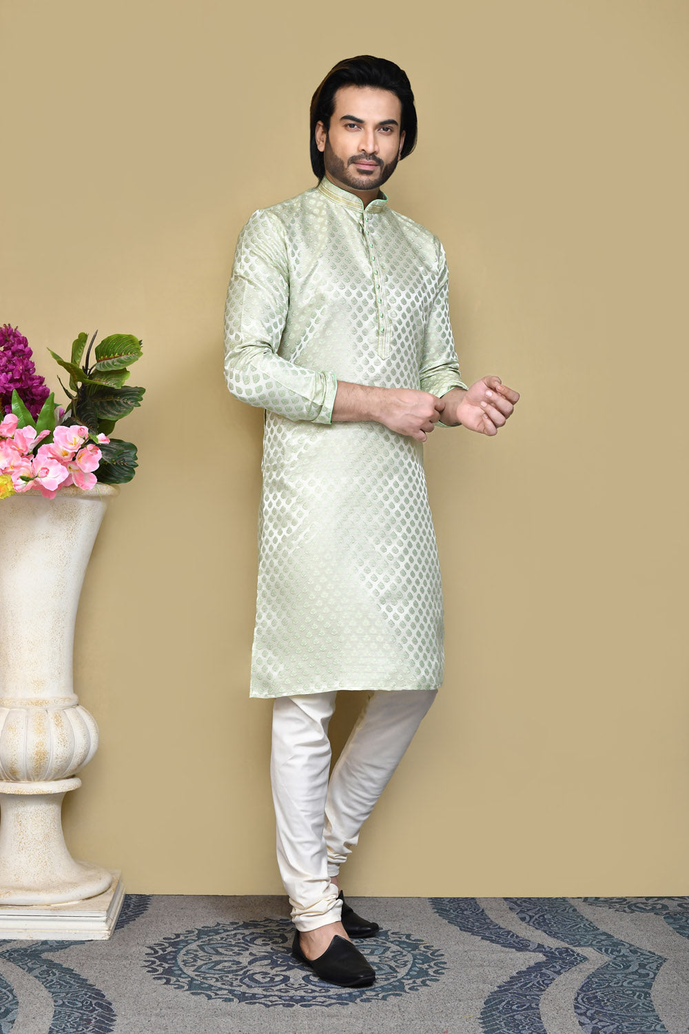 Pista Colour Art Silk Fabric Resham Embroidery Kurta Pajama