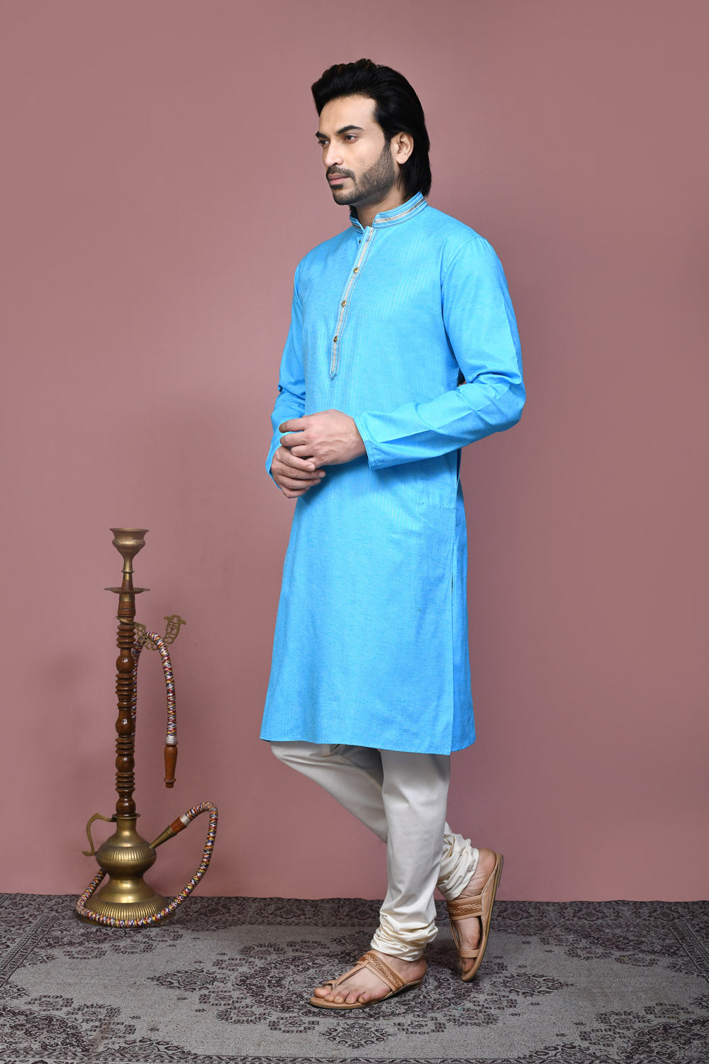 Firoza Colour Cotton Fabric Resham Embroidery Kurta Pajama