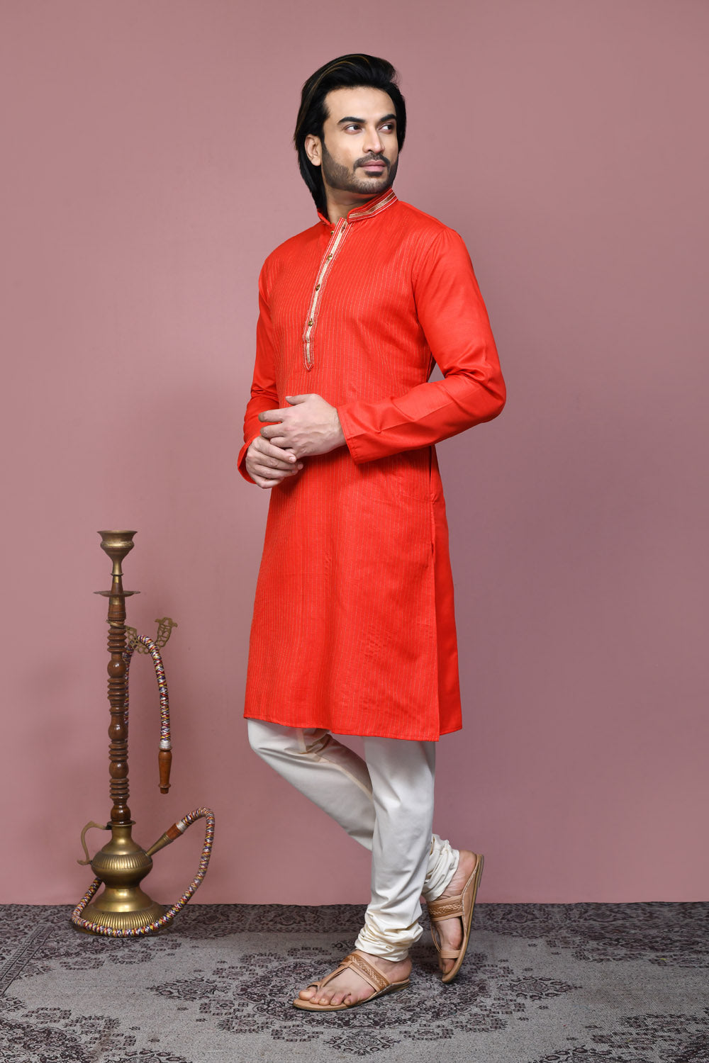 Orange Colour Cotton Fabric Resham Embroidery Kurta Pajama