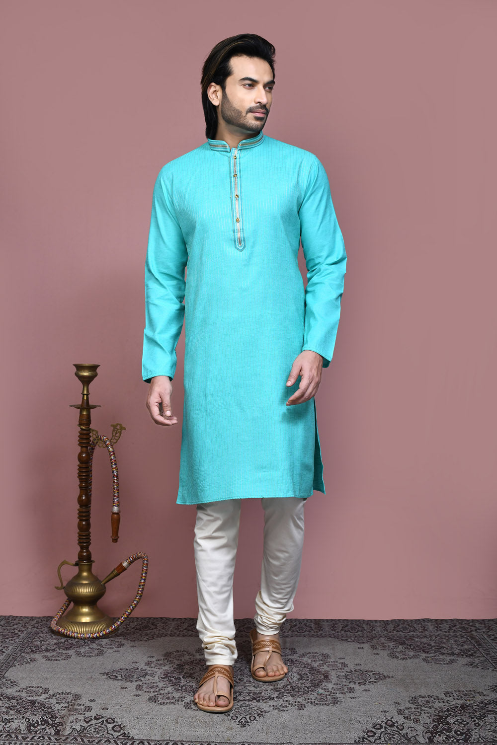 Green Colour Cotton Fabric Resham Embroidery Kurta Pajama