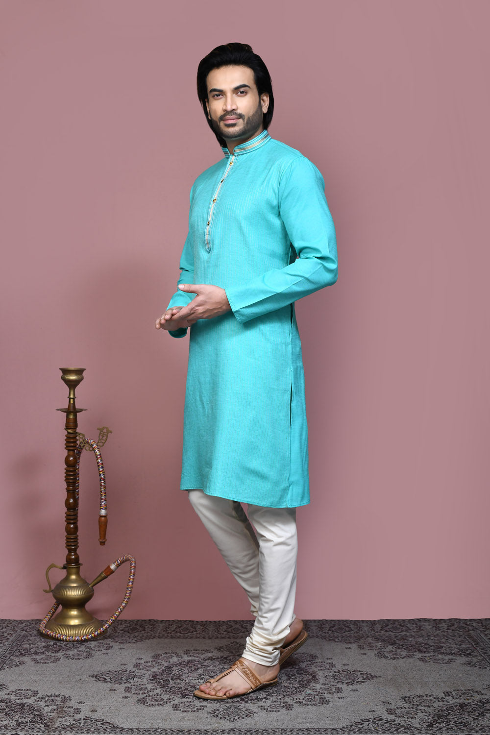 Green Colour Cotton Fabric Resham Embroidery Kurta Pajama