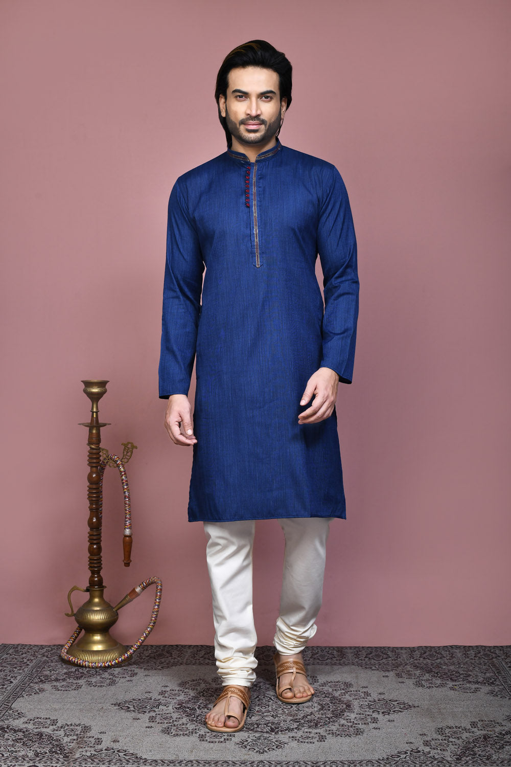 Blue Colour Cotton Silk Fabric Plain Kurta Pajama
