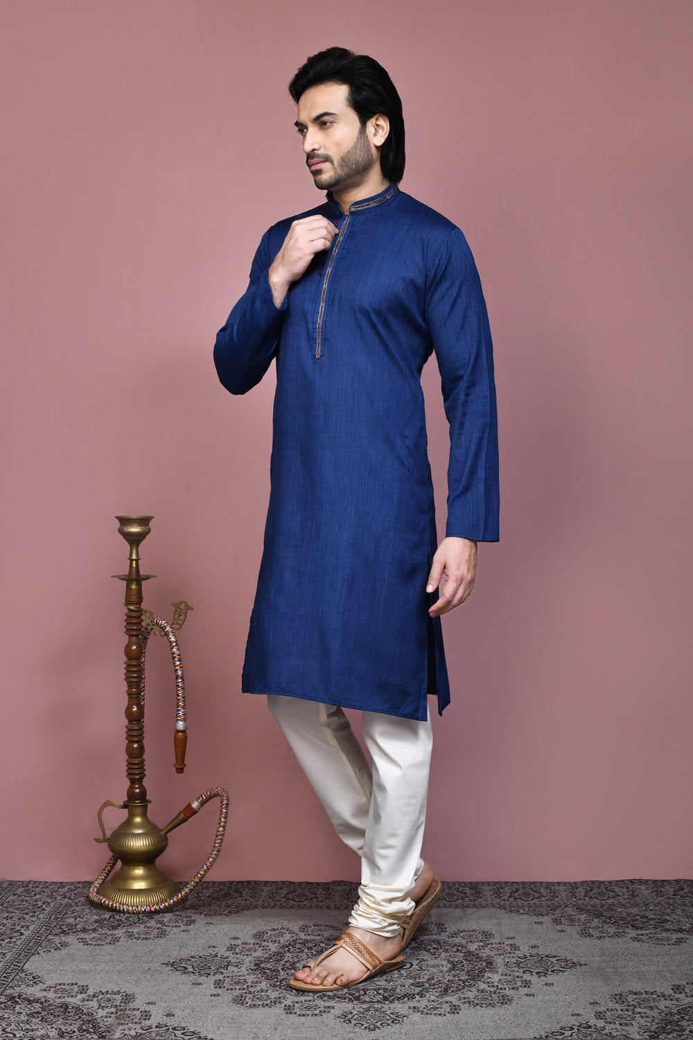 Blue Colour Cotton Silk Fabric Plain Kurta Pajama