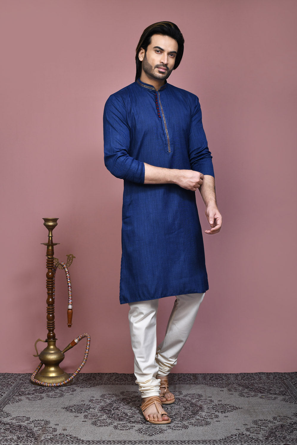 Blue Colour Cotton Silk Fabric Plain Kurta Pajama