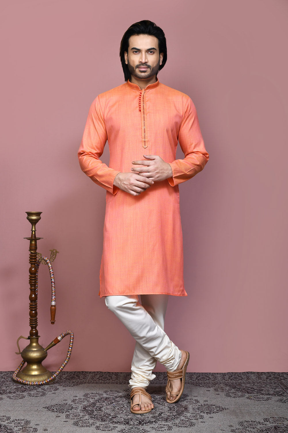 Orange Colour Cotton Silk Fabric Plain Kurta Pajama