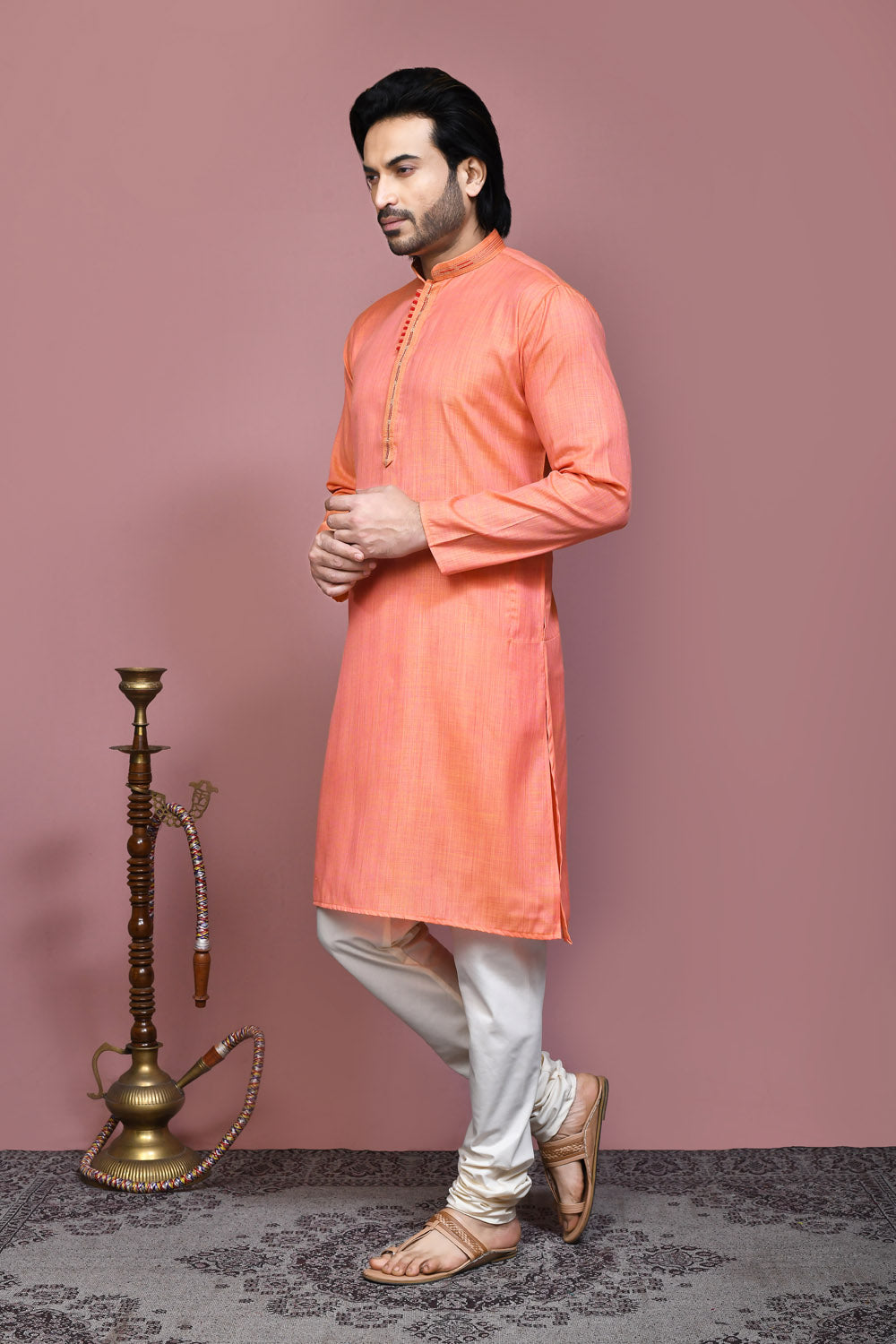 Orange Colour Cotton Silk Fabric Plain Kurta Pajama