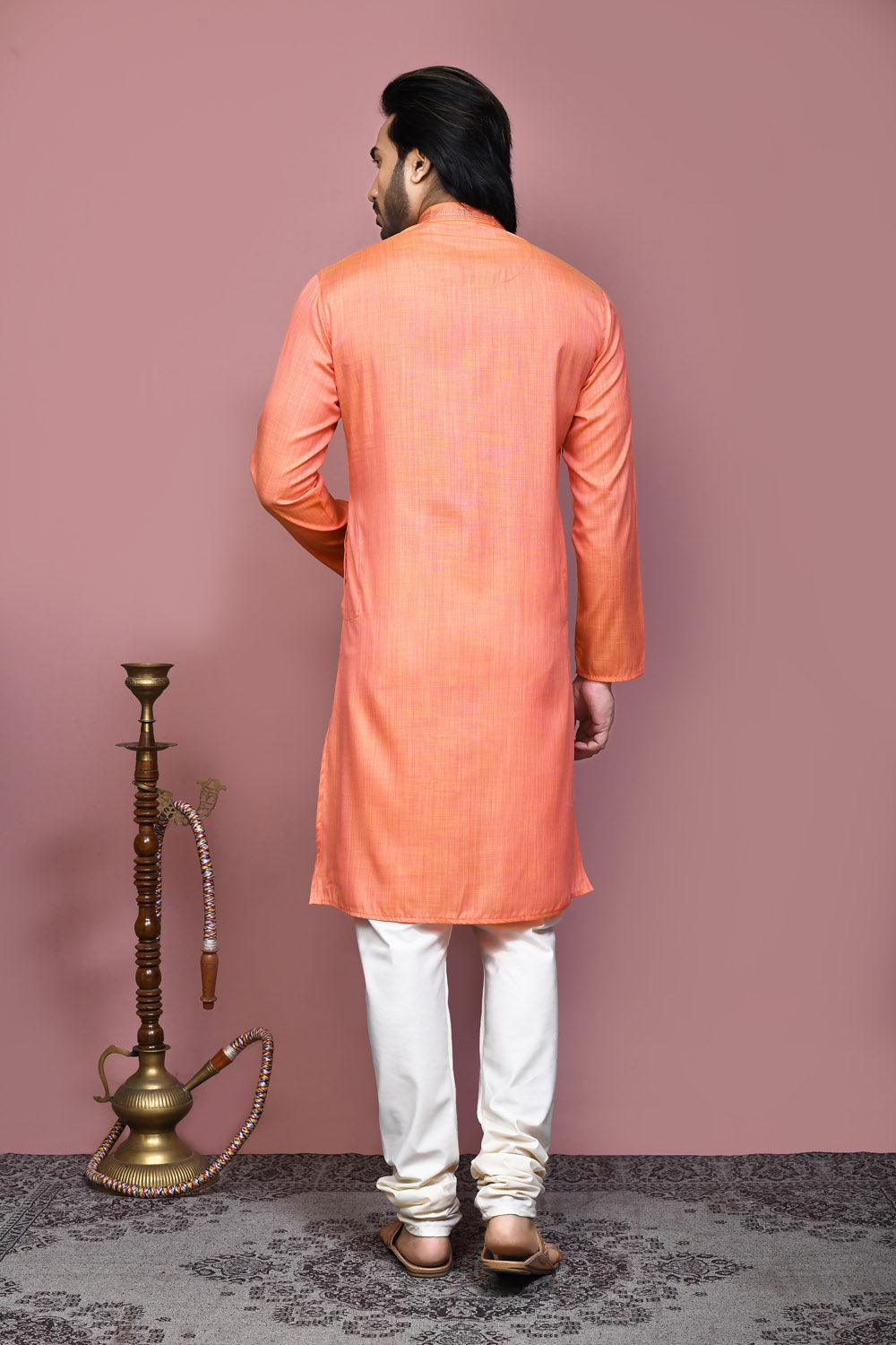 Orange Colour Cotton Silk Fabric Plain Kurta Pajama