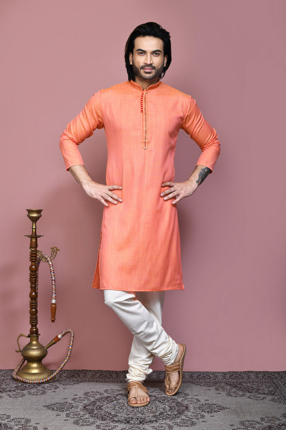 Orange Colour Cotton Silk Fabric Plain Kurta Pajama